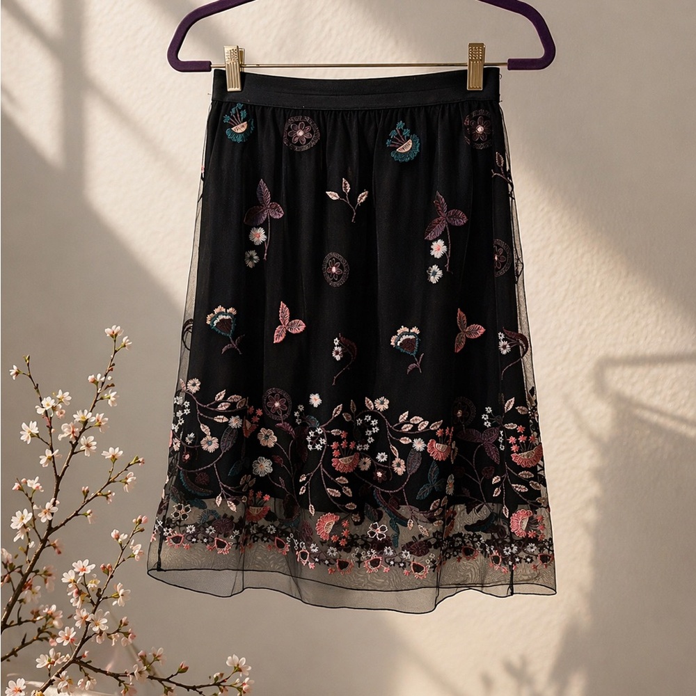 Elena Baldi Italy Embroidered Mesh Skirt Floral Midi L (Fits M ）Elastic Waist